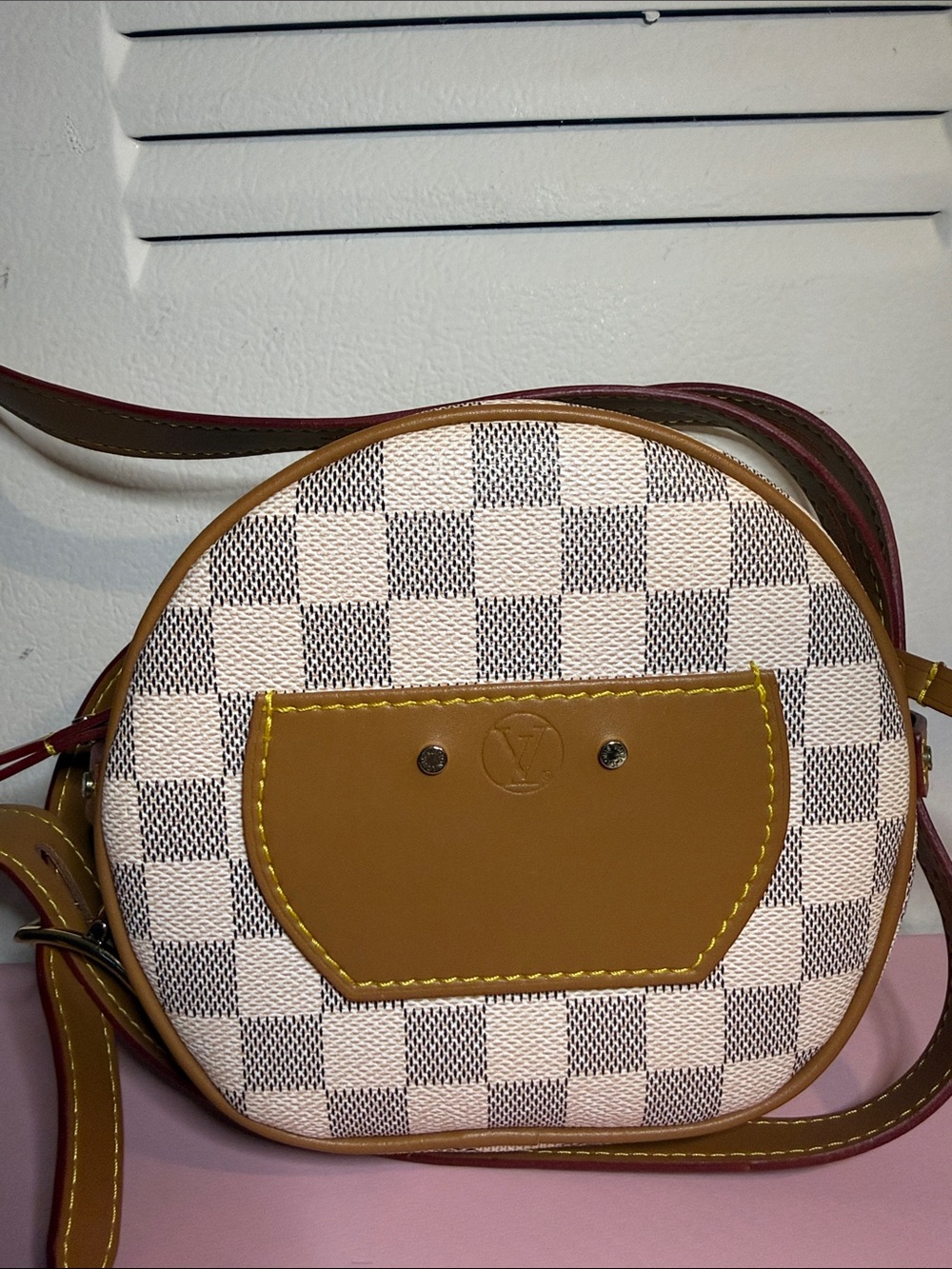 Luxury-Inspired Round Crossbody Bag in White Check and Tan